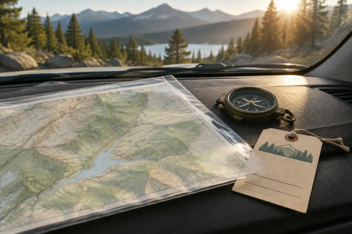 A route map in a clear sleeve and a permit tag on a car dashboard