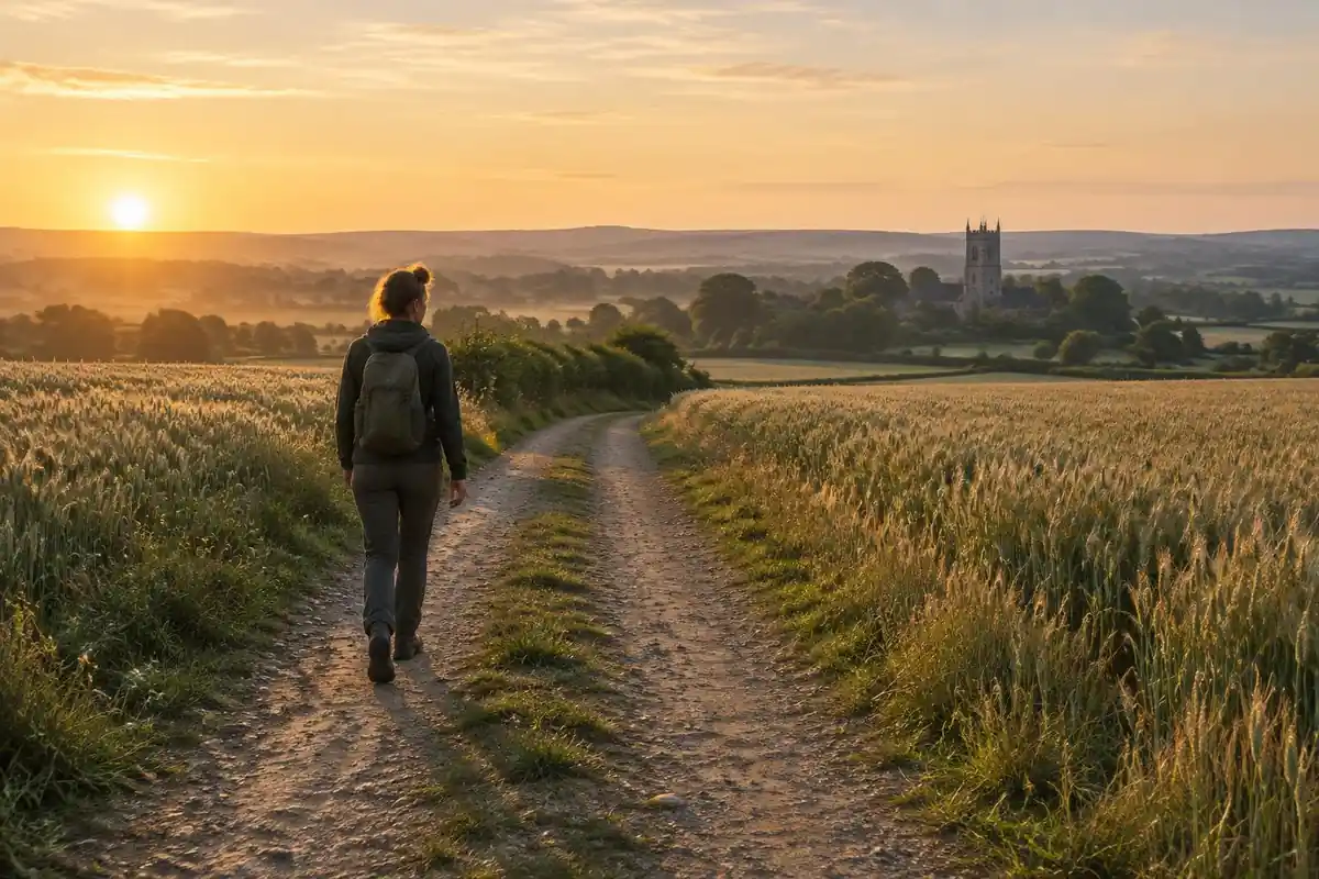 Pilgrim walking a dusty path between wheat fields at sunrise
