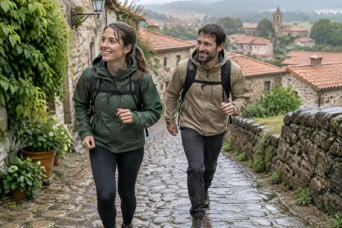 Two pilgrims hurrying a village lane in light rain with small packs