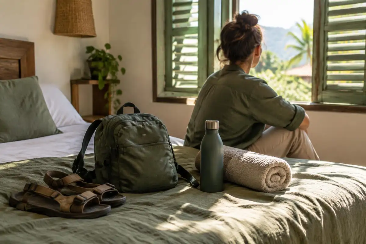 Hostel bunk with a small pack, sandals and a water bottle