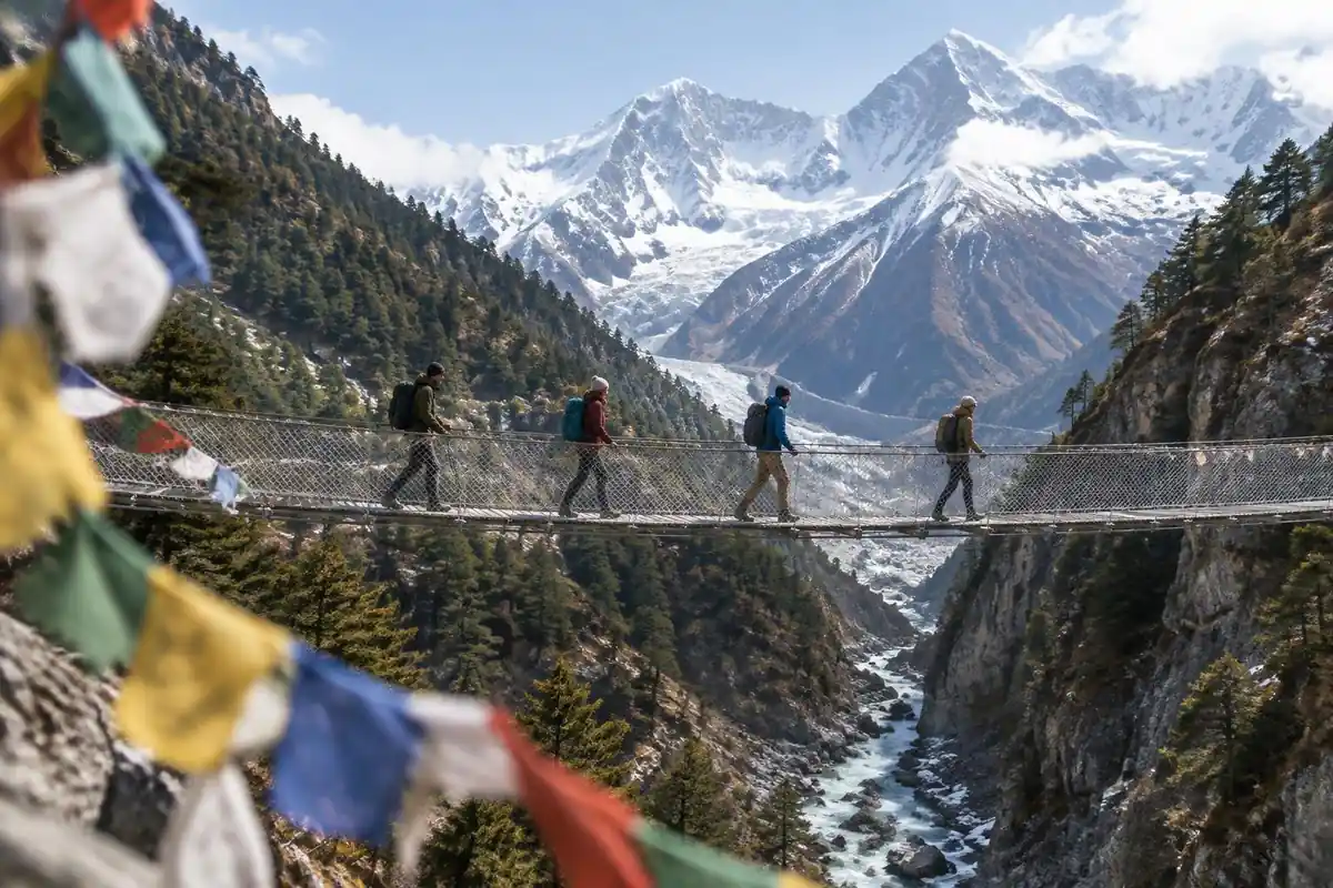 Trekkers with daypacks crossing a high suspension bridge in Himalayan-style valley