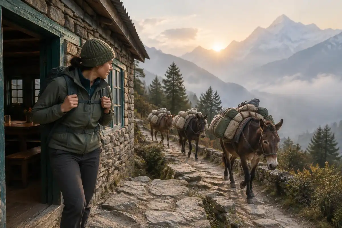 Trekker lifting a daypack in a teahouse doorway before setting out