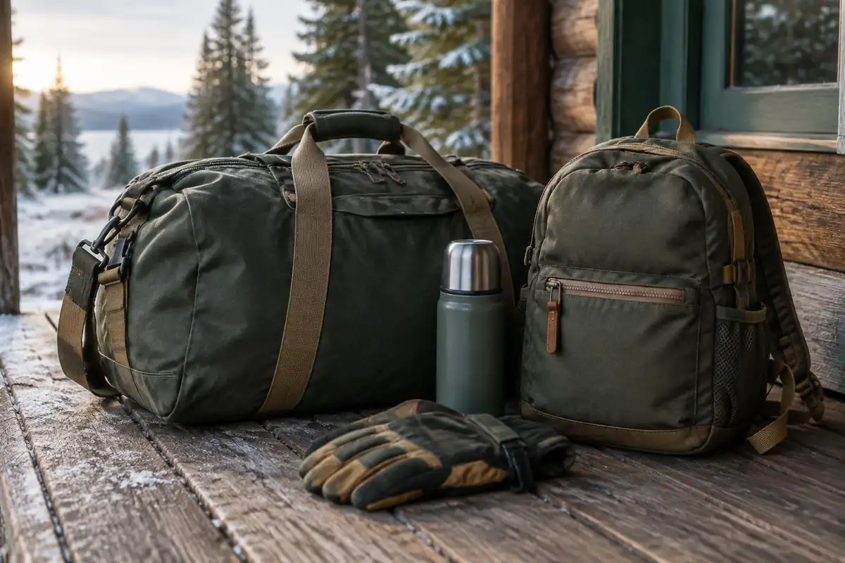 Duffel bag and small daypack side by side on a wooden porch