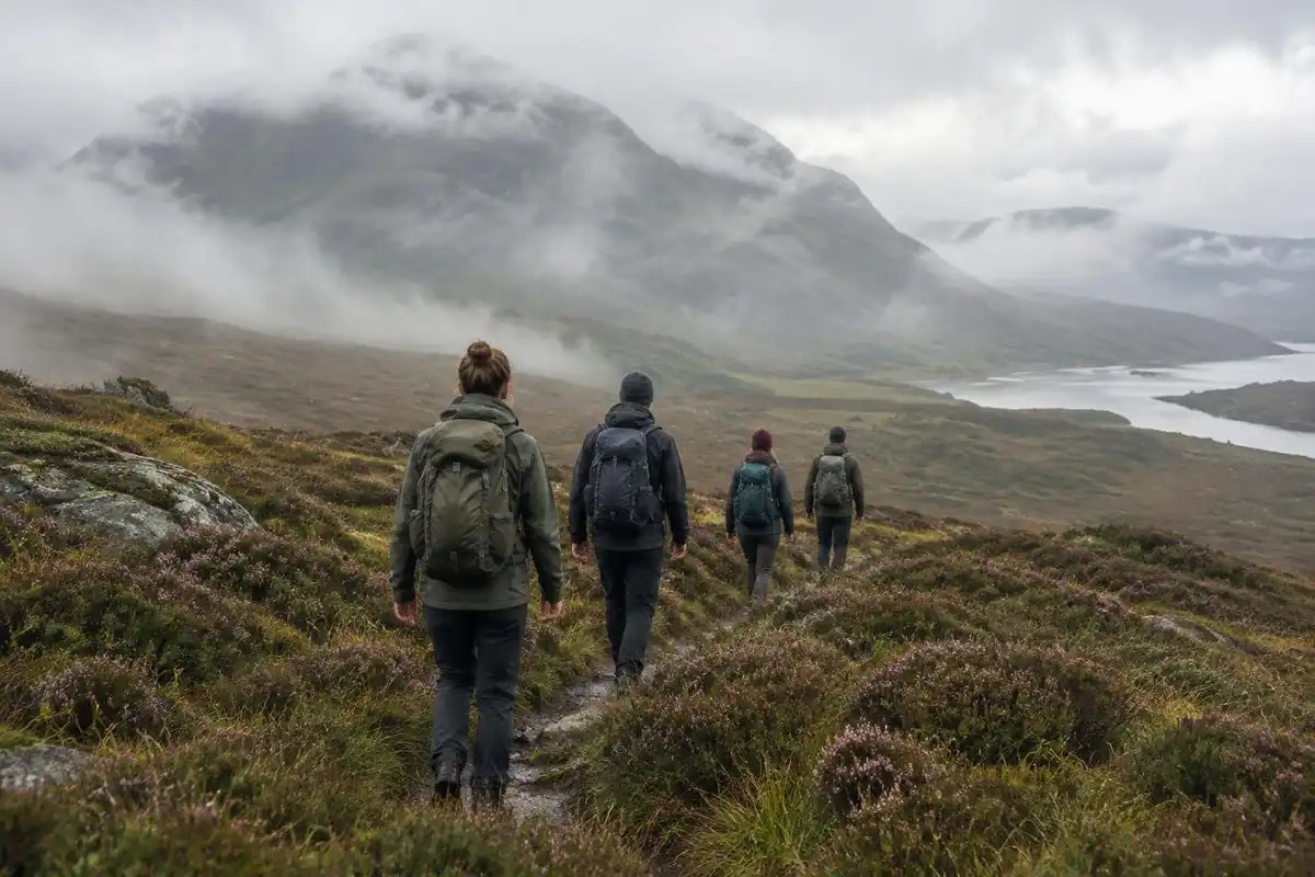 Trekkers walking through moorland zone with giant heather in the mist