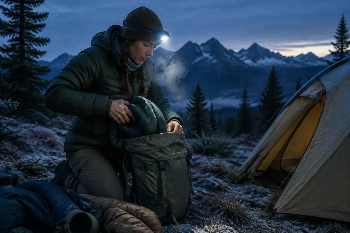 Trekker packing warm layers into a daypack at dawn before summit push