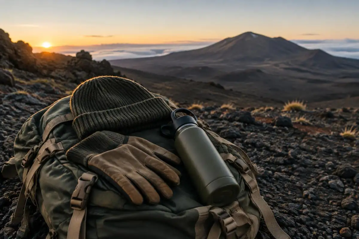 Gloves, beanie and water bottle on top of a daypack at rest