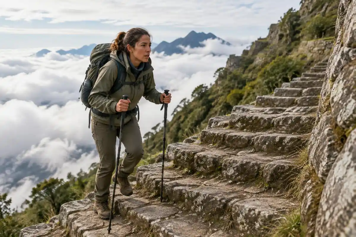 Trekker climbing a long stone staircase in thin air with a daypack