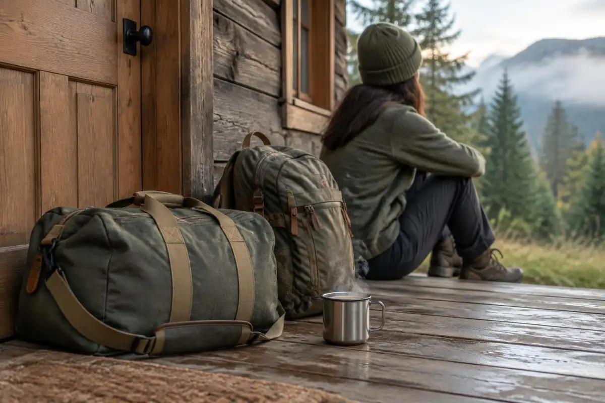 Duffel bag and a small daypack lined up at a mountain lodge door