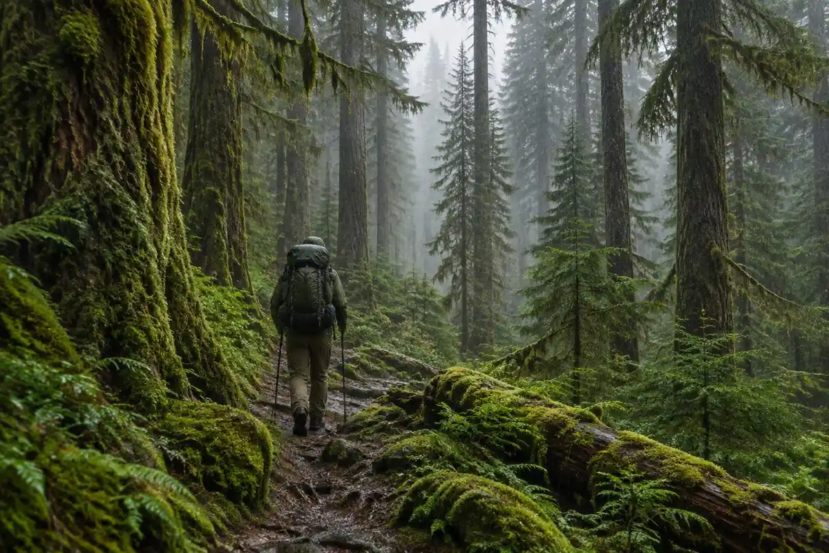 Hiker in an old-growth forest with a fully loaded pack in light rain