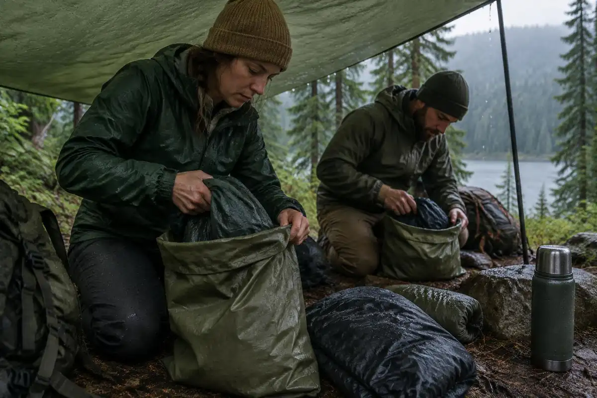 Hikers packing wet gear into liners at a rainy camp shelter