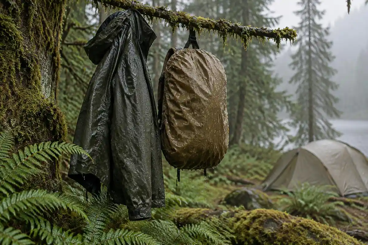 Wet raincoat and pack cover hung on a branch dripping