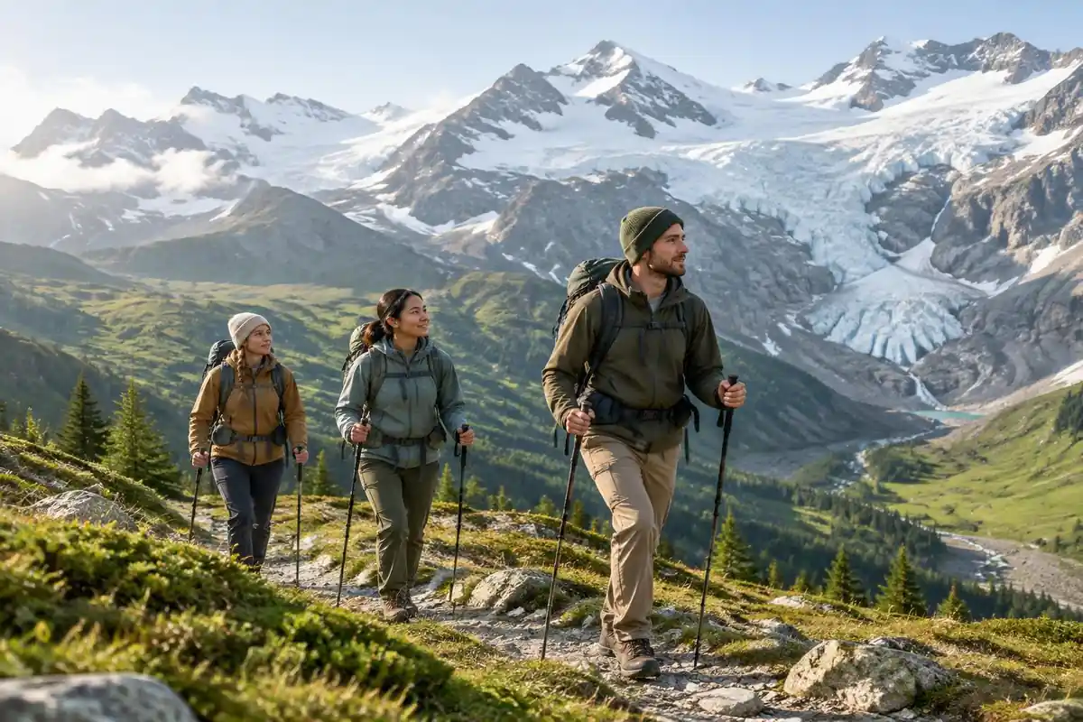 Trekkers crossing a high alpine pass with glaciers behind