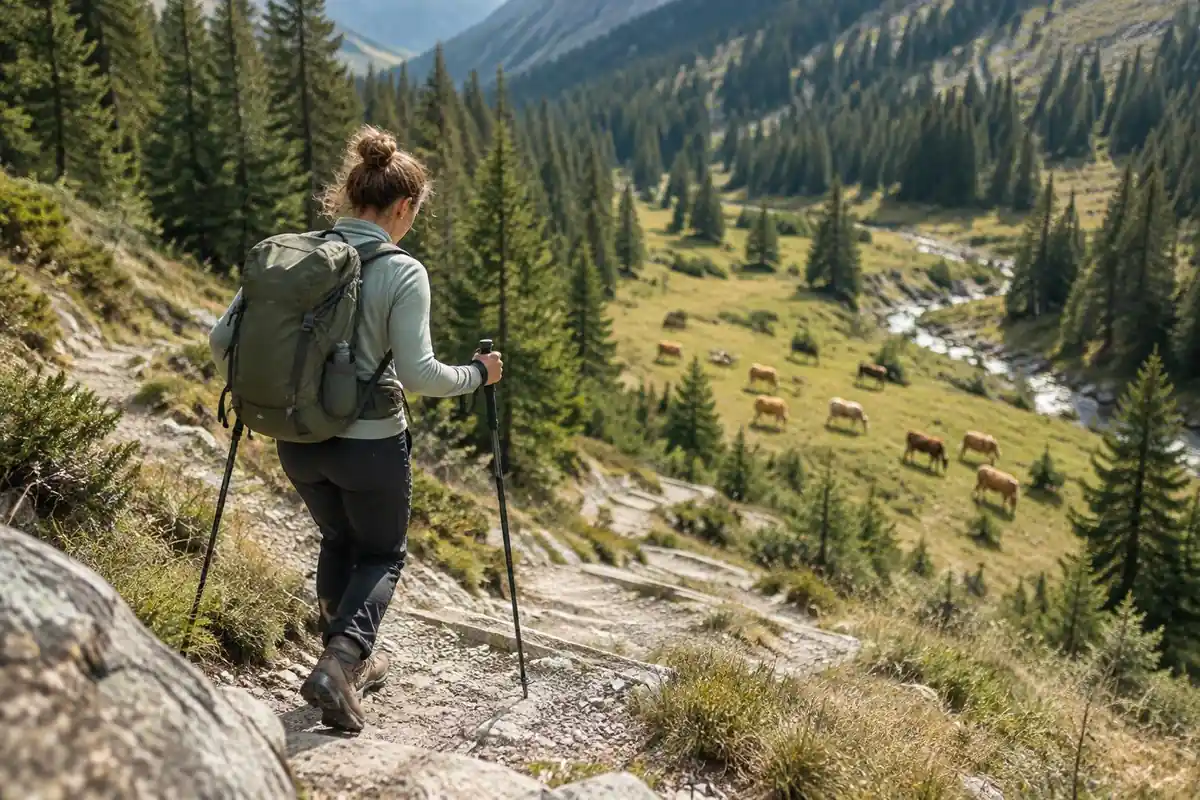 Woman descending a steep zigzag slope with poles into a valley
