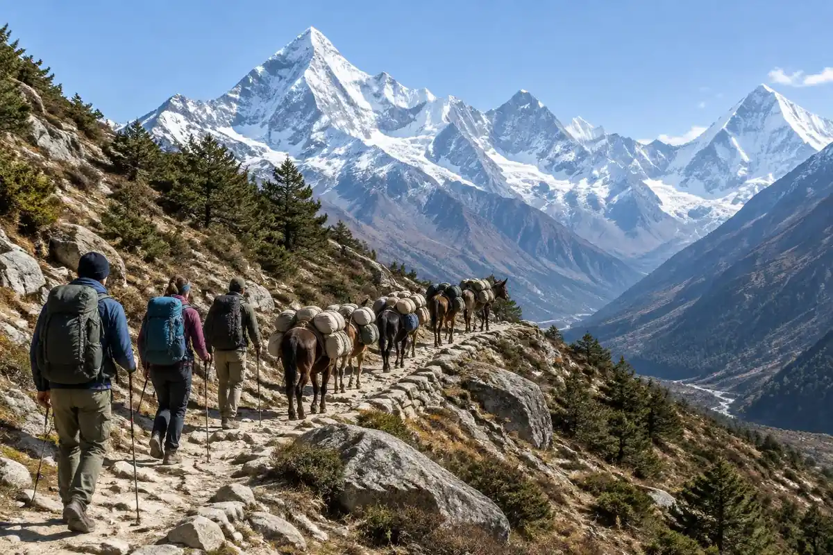 Trekking group and a porter's mule train on a high Himalayan-style path