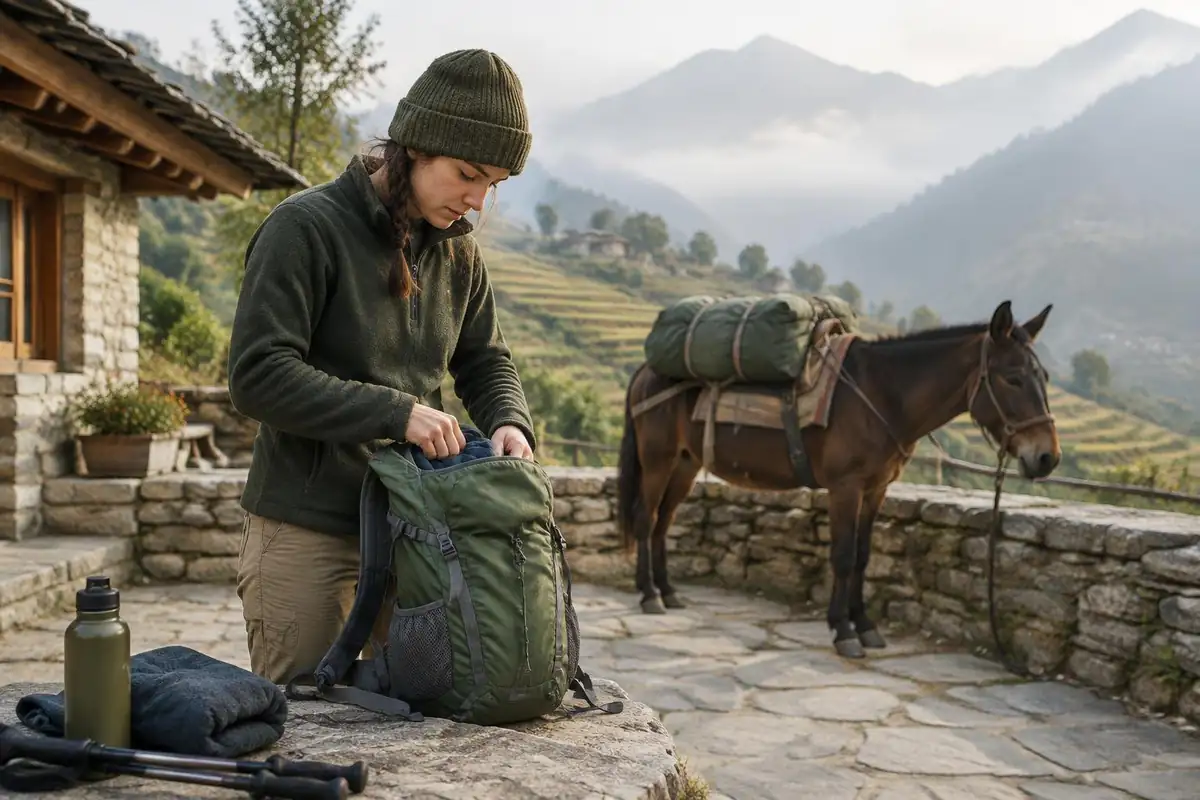 Woman packing a daypack while a duffel is loaded on a mule outside a lodge