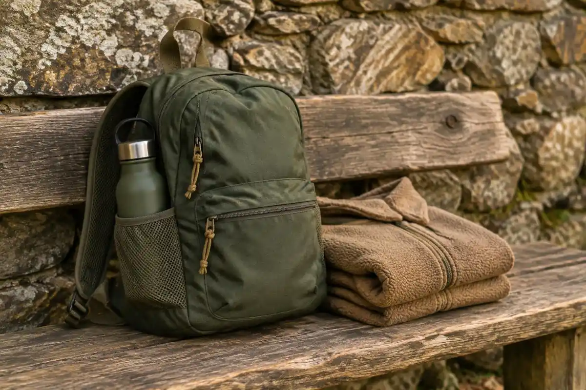 Daypack with a water bottle and a warm layer on a rustic wooden bench