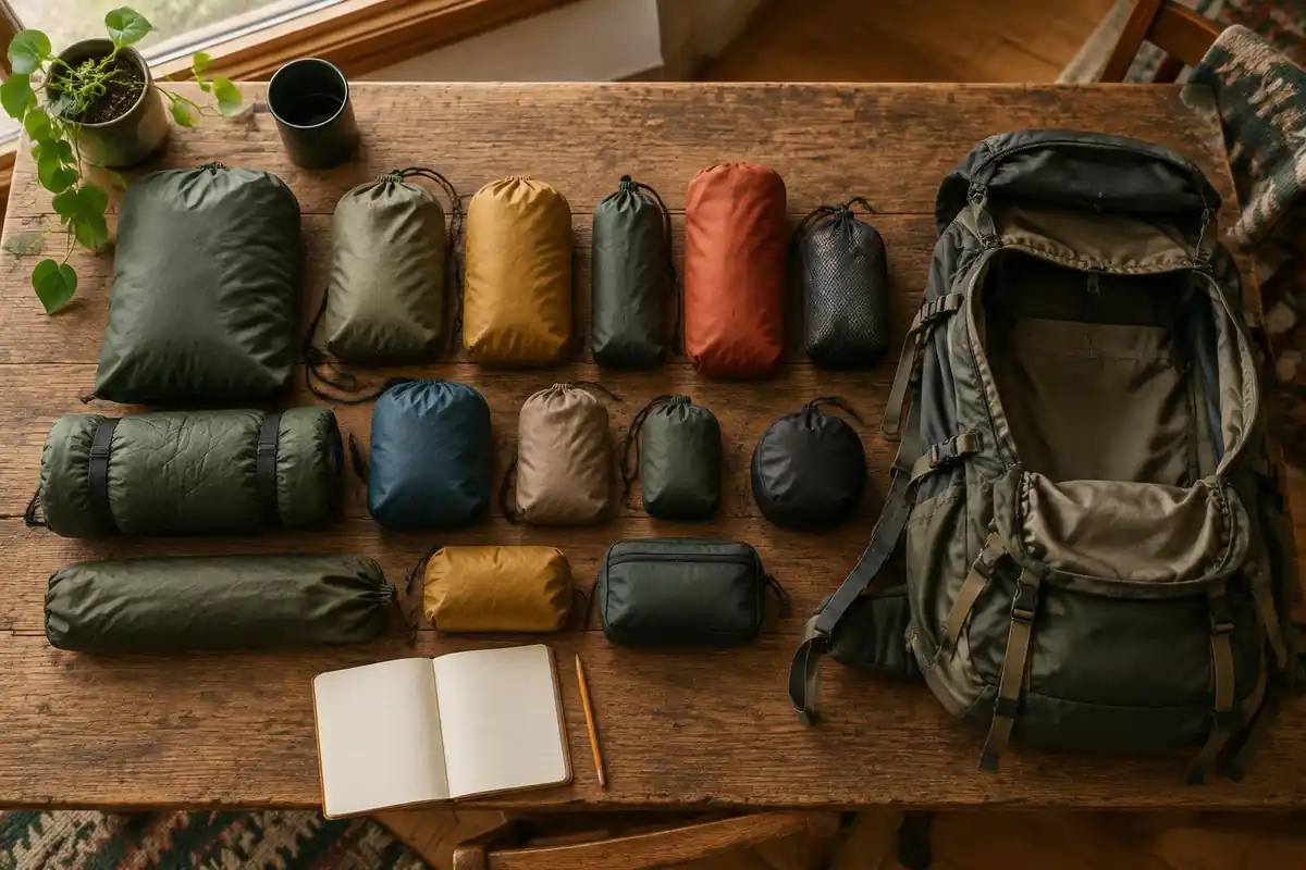 Gear sorted into colored stuff sacks on a wooden table with a pack open