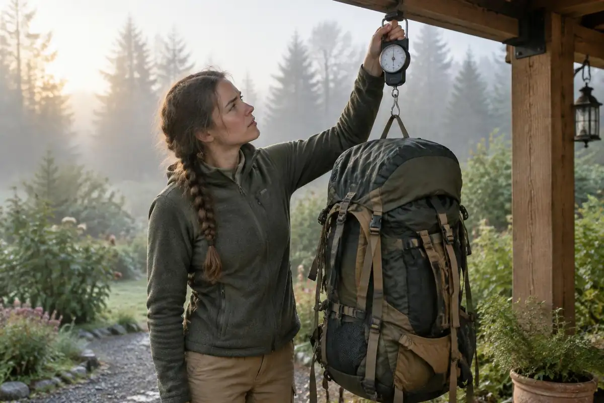 Woman lifting a fully packed backpack onto a luggage scale hanging from a porch beam