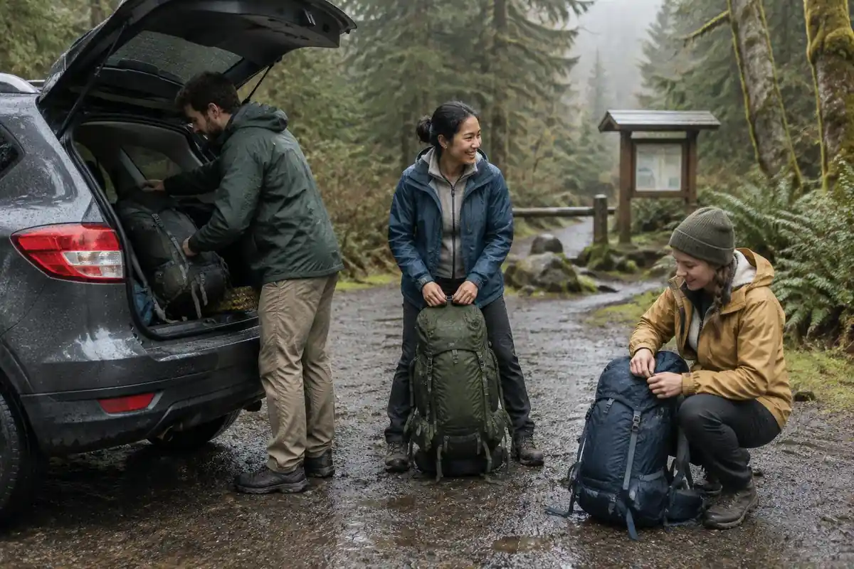 Hikers in rain jackets and fleece layers packing at a wet forest trailhead