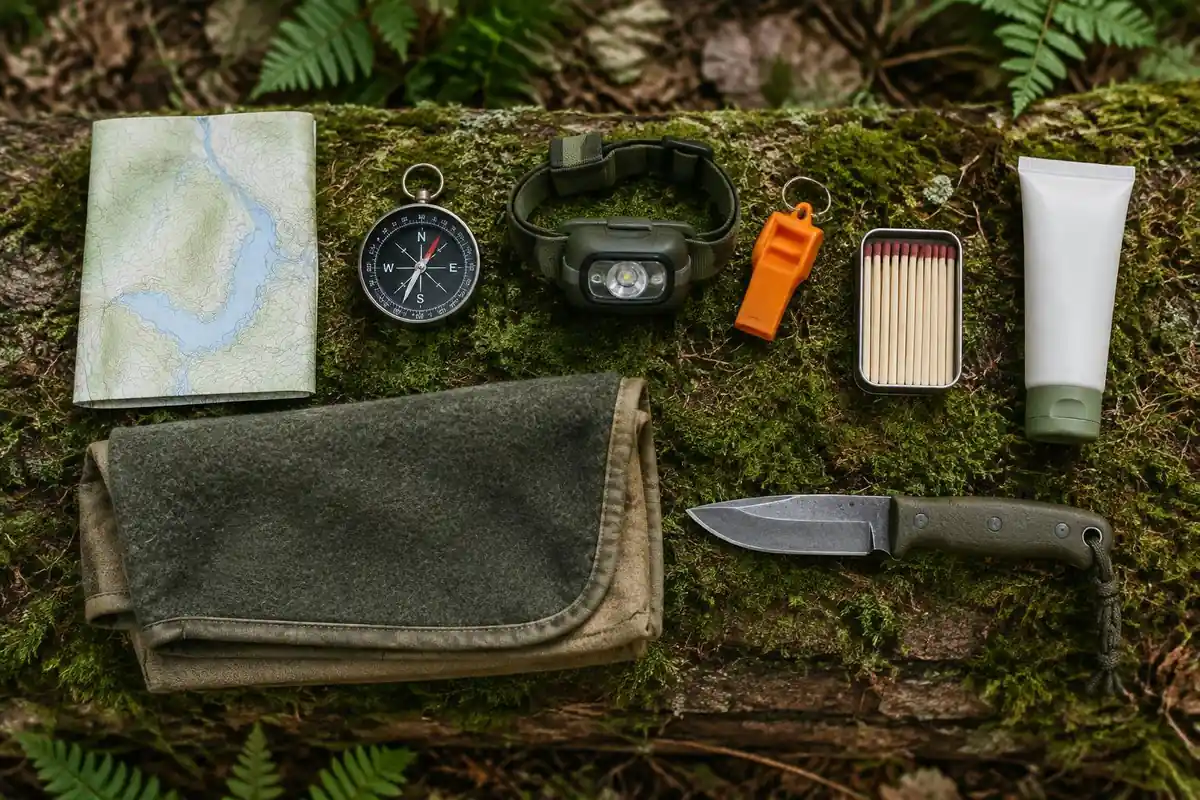 Flat lay of a compass, headlamp, whistle and map on a mossy log