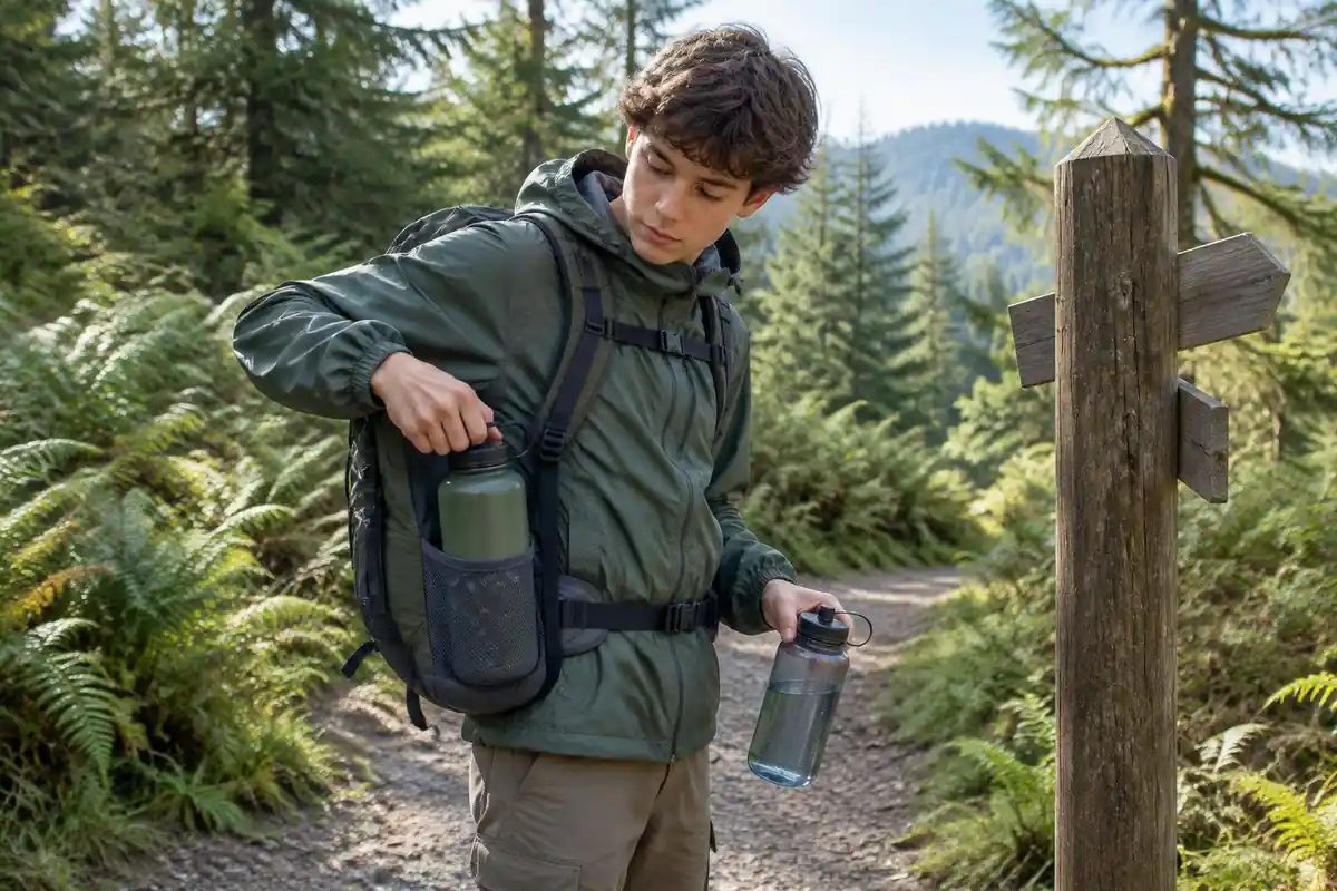 Teenager lowering a full water bottle into a pack side pocket at a trail junction