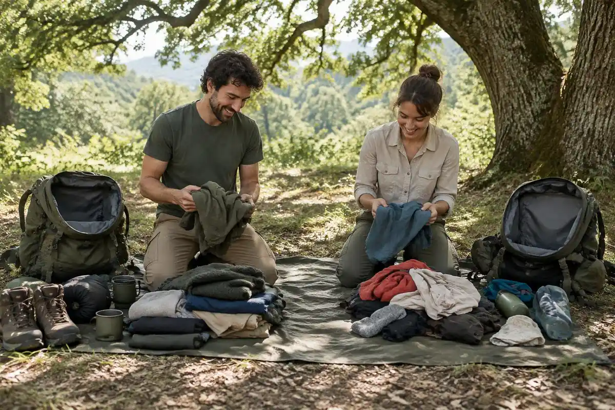 Couple sorting gear into two piles on a tarp under an oak tree