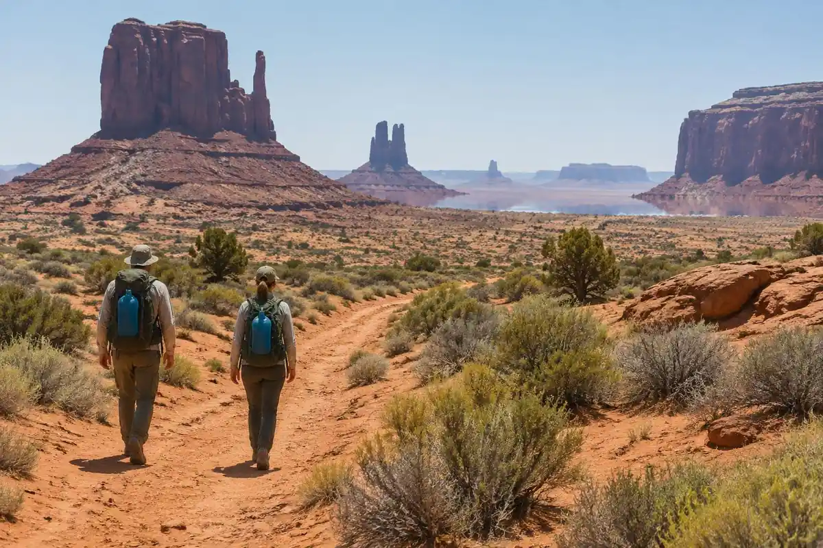 Vast red desert landscape with two small hikers and sparse shade