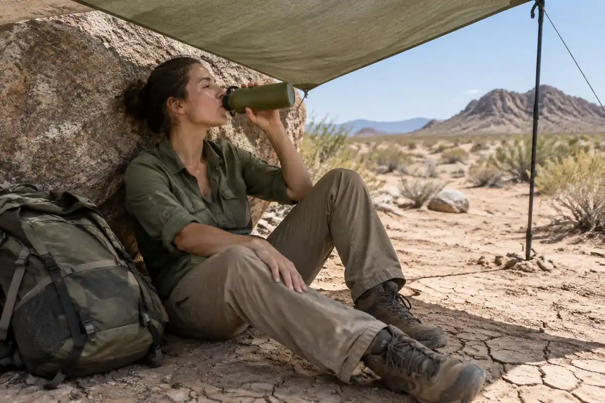 Woman drinking from a bottle under a shade cloth during a rest break