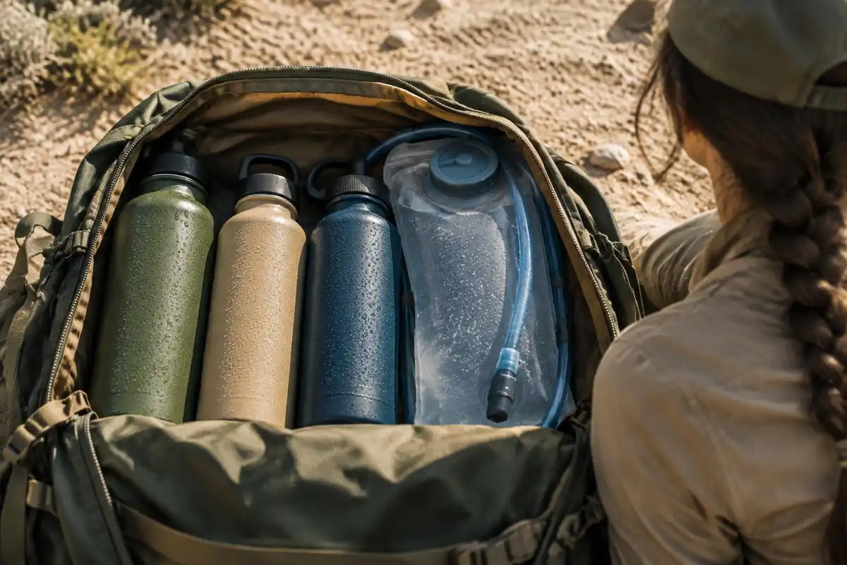 Water bottles and a reservoir filling the base of a pack in the sun