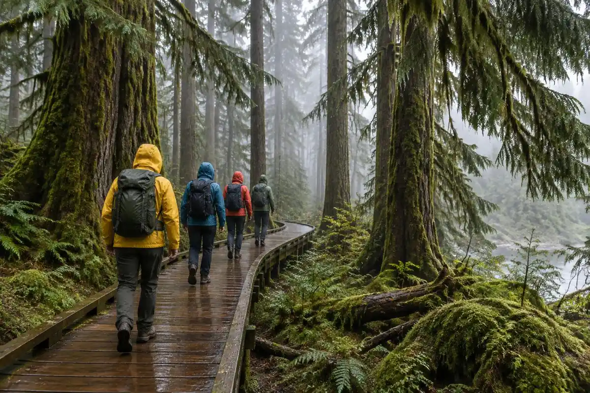 Hikers in rain gear walking under a dripping cedar canopy