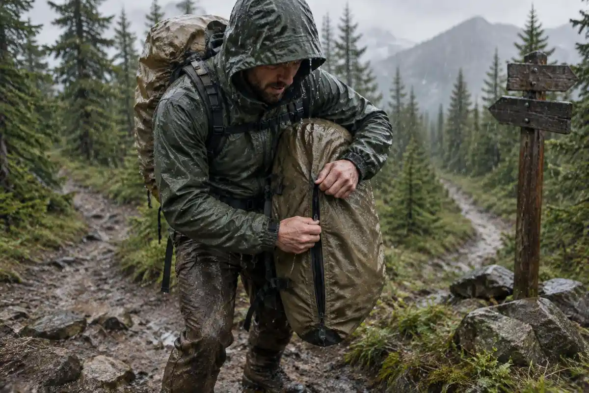 Man zipping a pack storm flap in a downpour at a trail junction