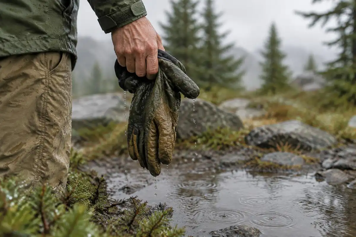 Wet hands wringing a cloth with a covered pack behind