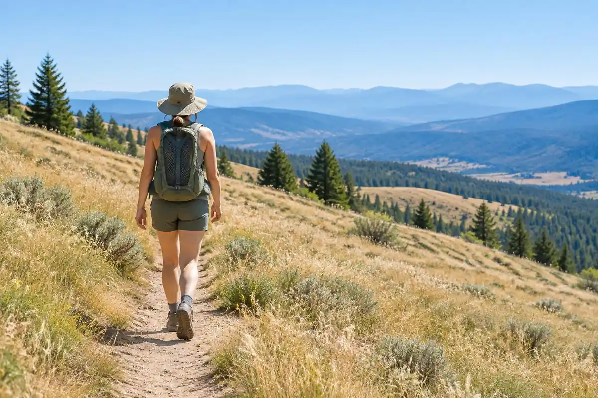 Hiker in shorts on an open sunny summit trail carrying a ventilated pack