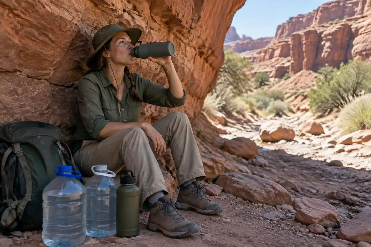 Woman drinking from a bottle in a red rock desert wash beside heavy water jugs
