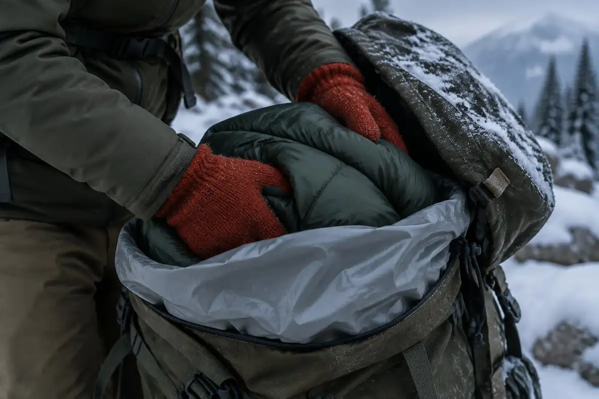 Gloved hands stuffing a bulky insulated jacket into a snowy pack