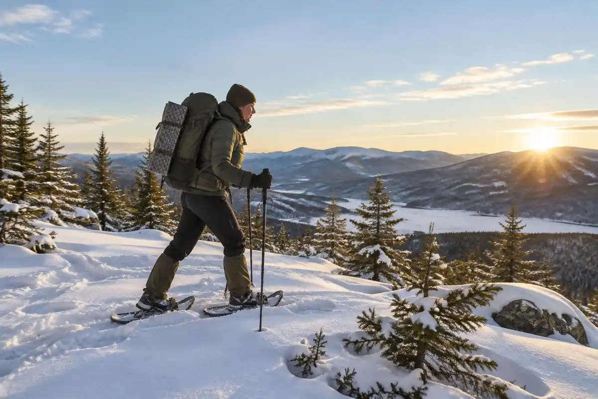 Hiker in a down jacket and gaiters crossing a snowy ridge with a large pack