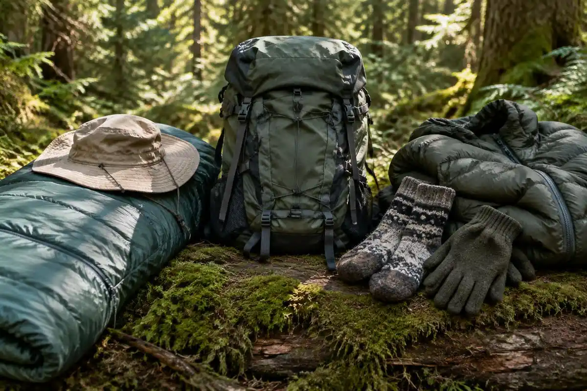 Warm layers and a thick sleeping bag stuffed beside a small summer daypack