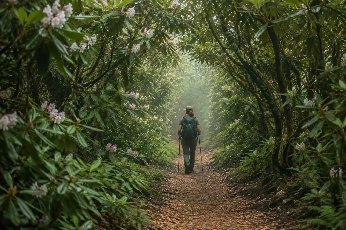 Green tunnel hiking through humid forest with a large pack