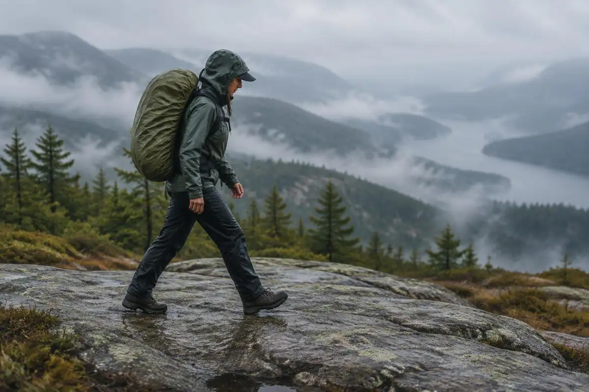 Hiker crossing a rocky ridge in cool rain on a long-distance route