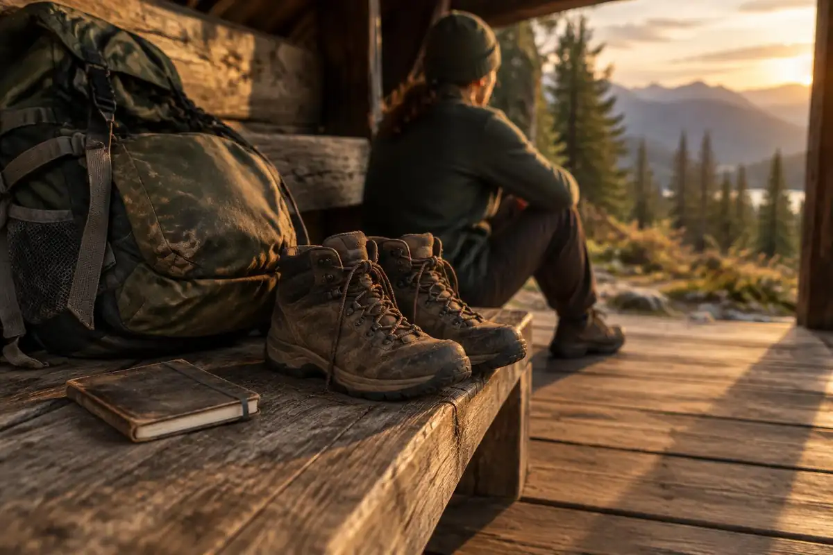 Worn hiking shoes and a trail log book beside a battered pack