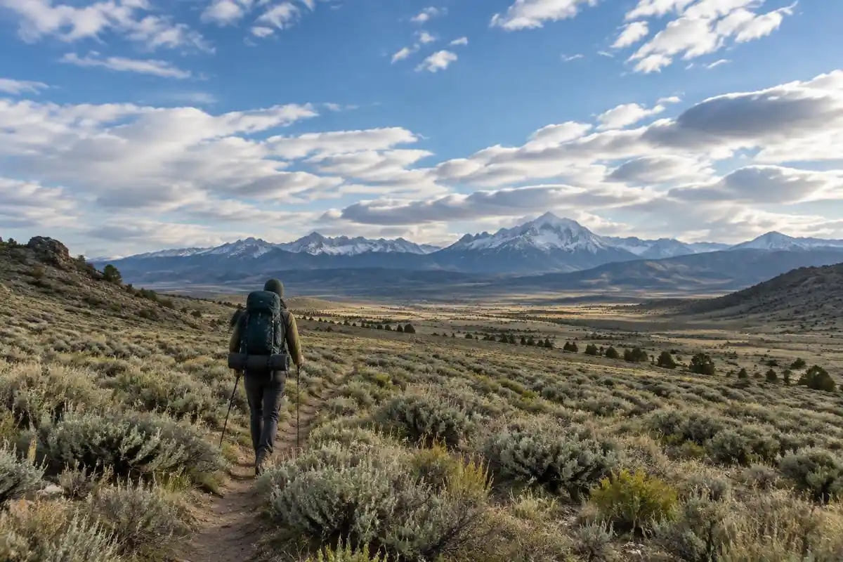 Thru-hiker crossing a vast high-desert basin with big skies