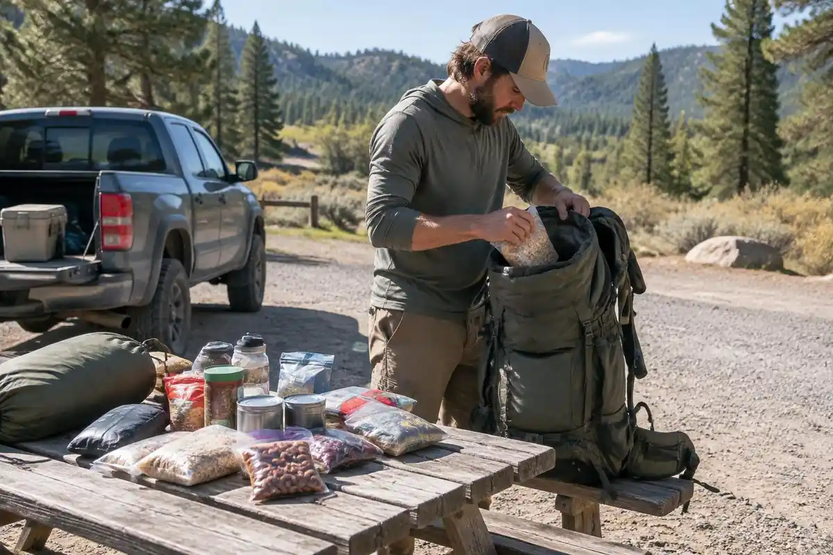 Hiker loading a big pack with days of food at a small resupply