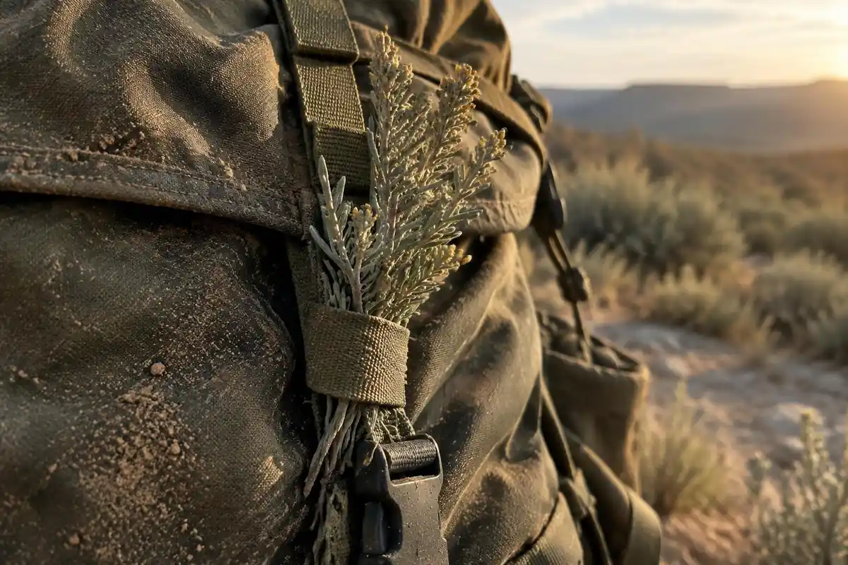 Sturdy pack fabric brushed with dust and a sagebrush sprig
