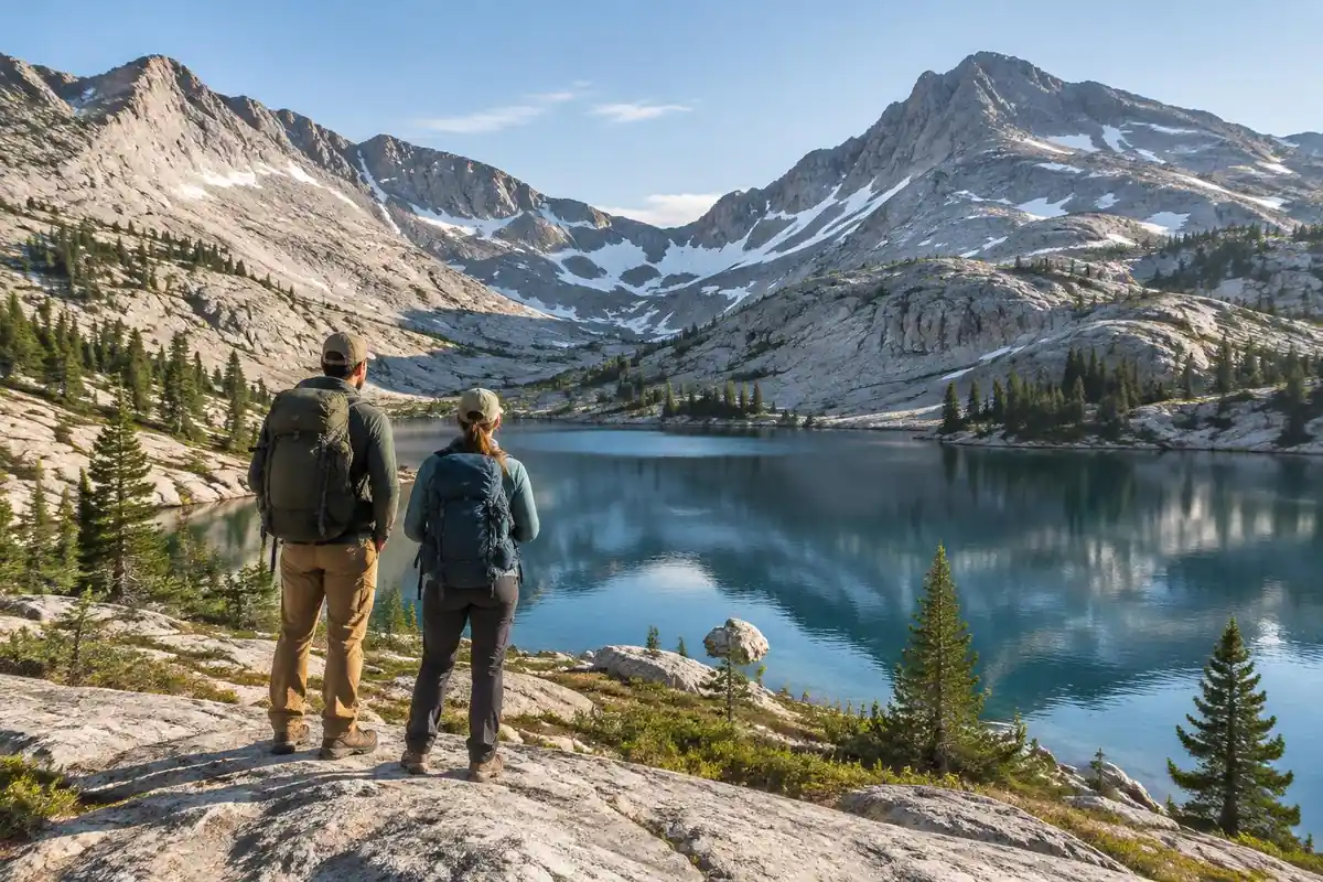 Two hikers at a granite lake below a high pass in the Sierra style