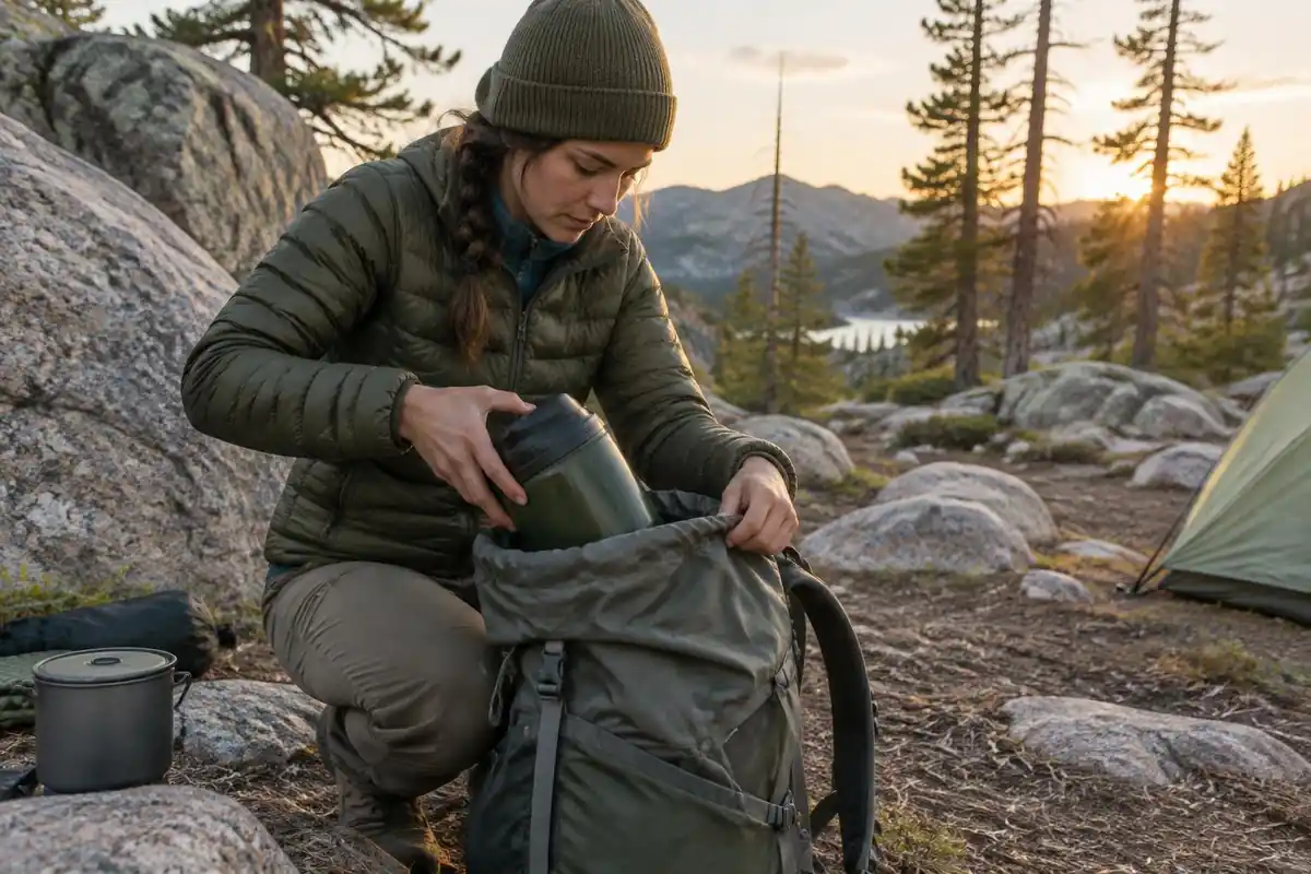 Hiker fitting a hard food canister in a pack at a camp