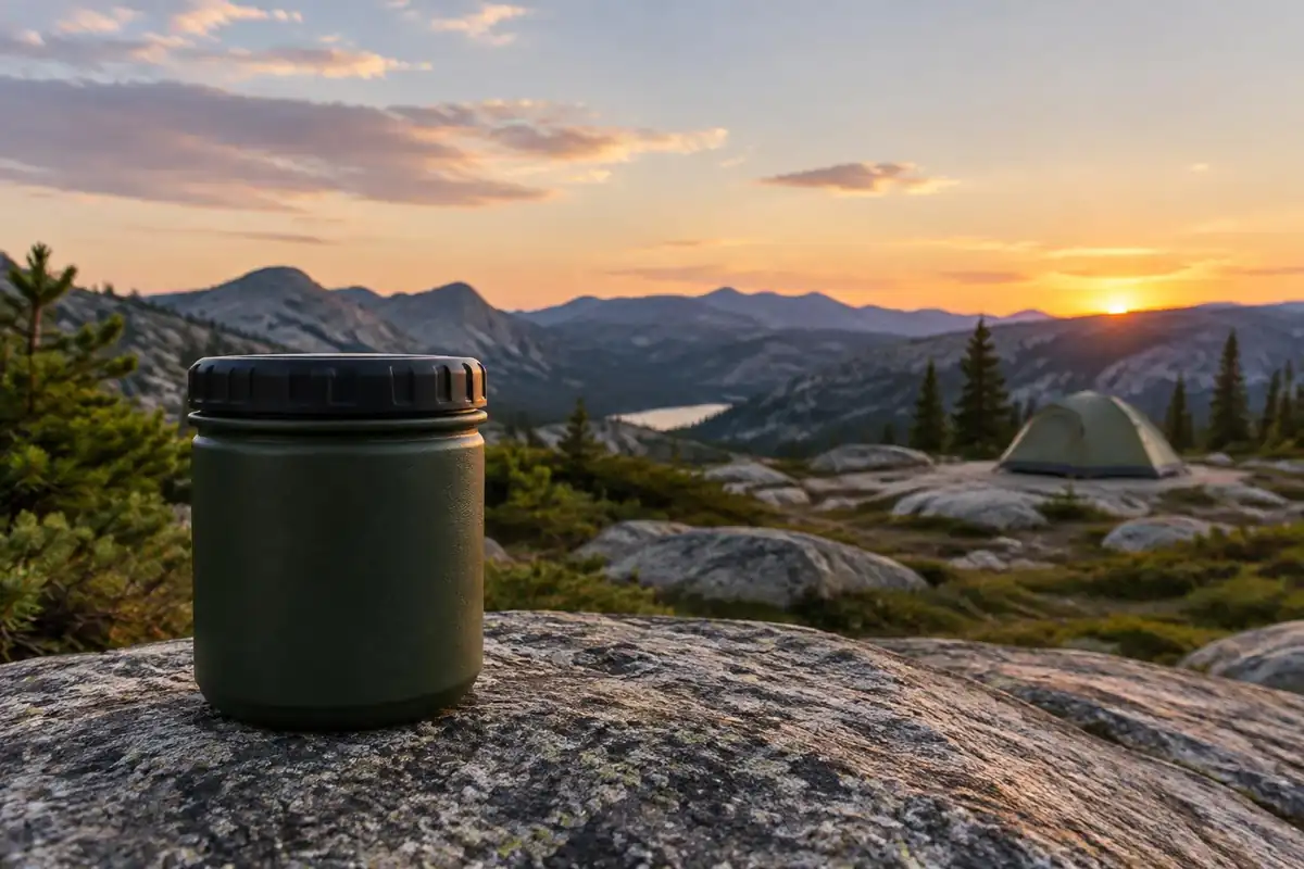 Food canister set on flat rock away from the tent at dusk