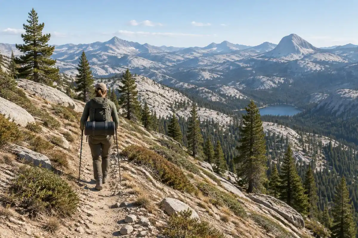 High desert-to-forest trail with a bear canister strapped on top of a pack