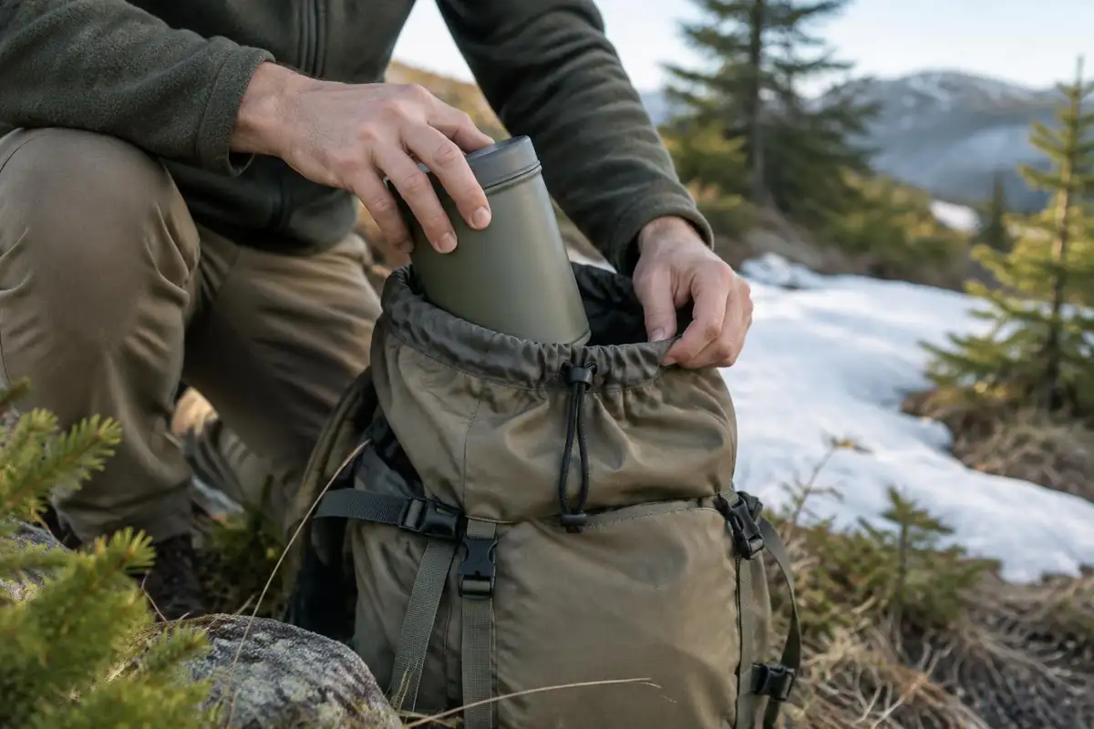 Hands sliding a canister into the top of a pack before a snowfield