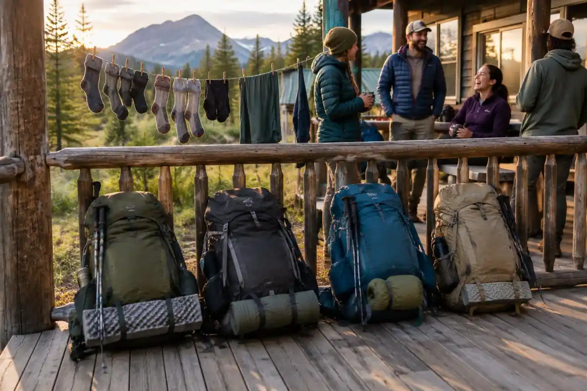 Thru-hiker packs lined up outside a hostel porch in a trail town