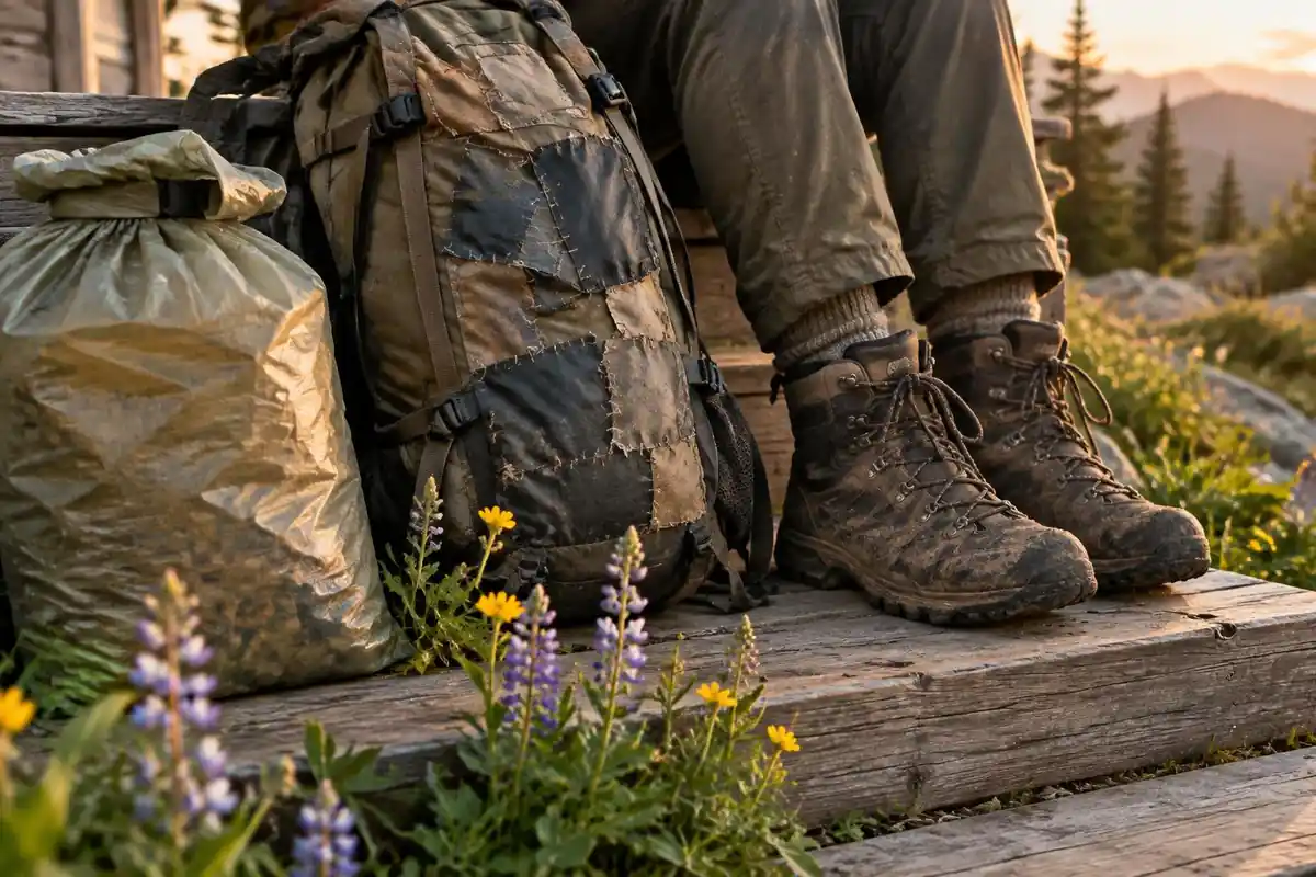 Long-trail food bag and a worn, patched pack on a porch step